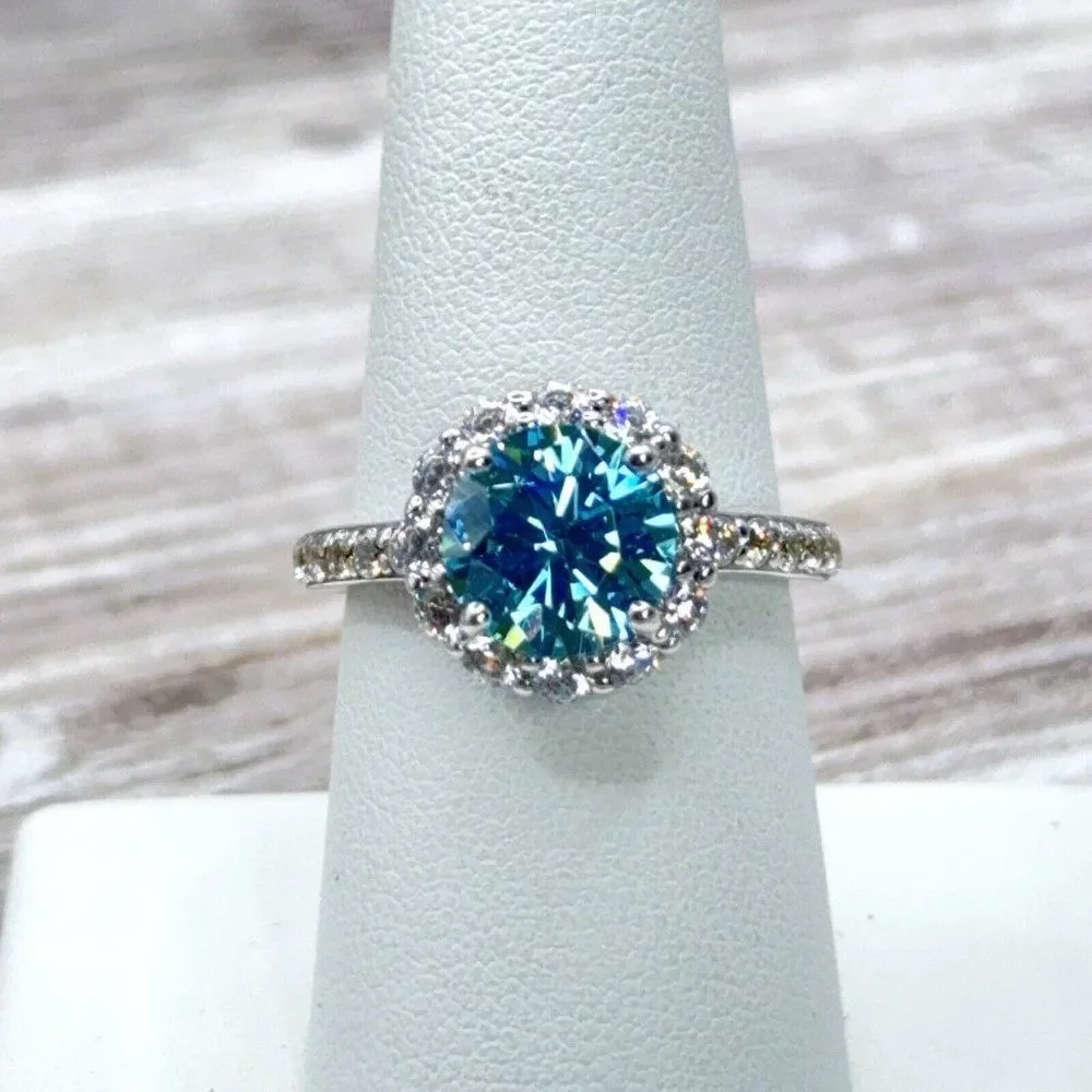 Sterling Silver Ring Sky Blue CZ Faceted Solitaire Halo Clear CZ Size 7.75 Prong - Picture 7 of 14